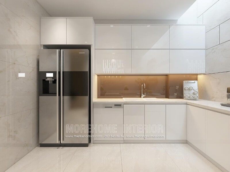 Trang trí nội thất phòng bếp chung cư vơi mẫu tủ bếp phong cách hiện đại và ấn tượng